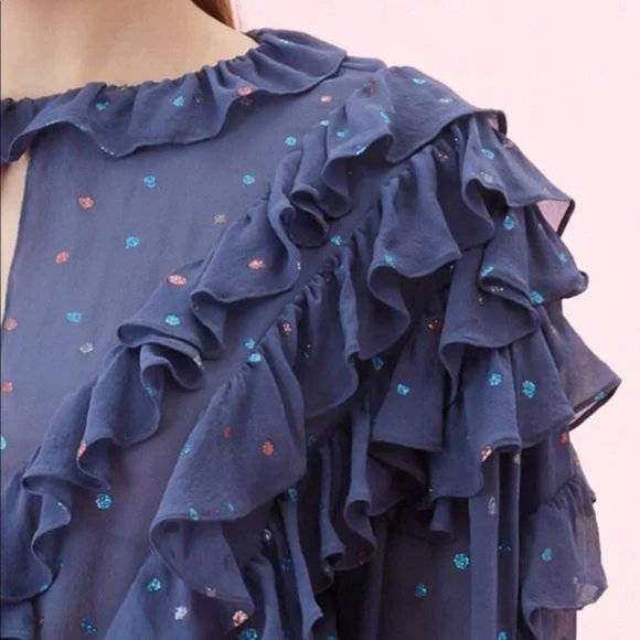 NWT Womens Size 10 Rebecca Taylor Pure Silk Glitter Gem Chiffon Ruffle Blouse - Picture 2 of 5